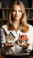 A female real estate agent holding a miniature house in front of her - generative AI. photo