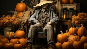 Decorated Halloween porch with pumpkins, hay bails and eerie ghostly figure sitting - generative AI. photo