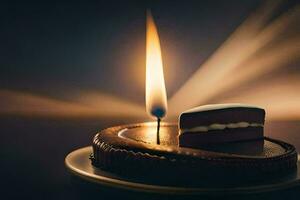 a piece of chocolate cake with a candle on top. AI-Generated photo