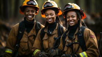 hembra africano americano bomberos trabajando en el campo - generativo ai. foto