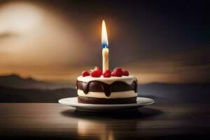 a chocolate cake with a single candle on top. AI-Generated photo