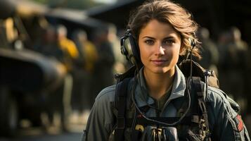 Female fighter pilot soldier standing outside her fighter jet - generative AI. photo