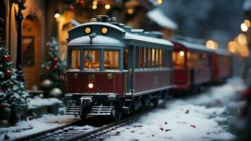 Model Miniature Troller Train Set and Snowy Christmas Decorated Town Setting. Generative AI. photo