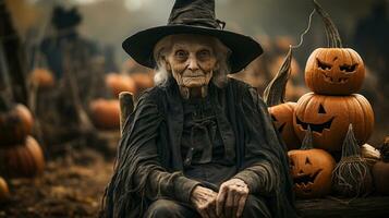 Ghostly scary old witch sitting amongst pumpkins and other Halloween decorations - generative AI. photo