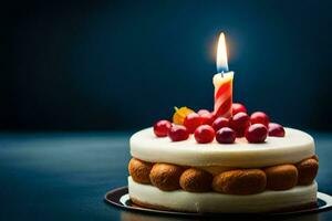 a birthday cake with a lit candle. AI-Generated photo