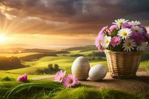 easter flowers in a basket and eggs on the grass. AI-Generated photo
