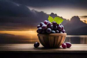 grapes in a basket, sunset, mountains, water, hd wallpaper. AI-Generated photo