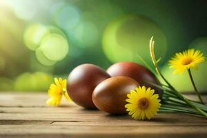 easter eggs and flowers on a wooden table. AI-Generated photo