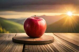 an apple sits on a wooden table in front of a sunset. AI-Generated photo