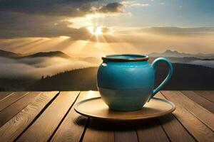 a cup of coffee on a wooden table in the mountains. AI-Generated photo