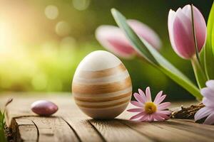 an easter egg is sitting on a wooden table with flowers. AI-Generated photo