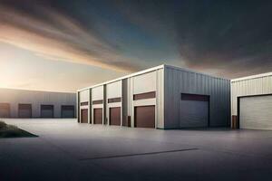 a large warehouse with two garage doors. AI-Generated photo