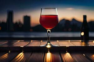 un vaso de vino en un de madera mesa en frente de un ciudad horizonte. generado por ai foto