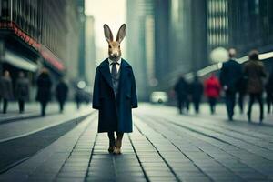 un Conejo vistiendo un traje y Corbata en un ciudad calle. generado por ai foto
