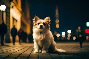 a dog sitting on the street at night. AI-Generated photo