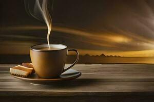 a cup of coffee on a wooden table with a sunset in the background. AI-Generated photo