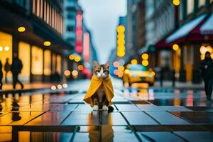 un gato en un amarillo impermeable caminando abajo un calle. generado por ai foto