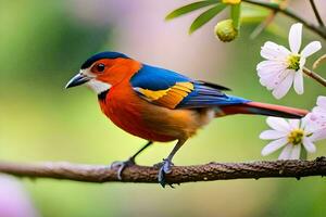 a colorful bird sits on a branch with flowers. AI-Generated photo