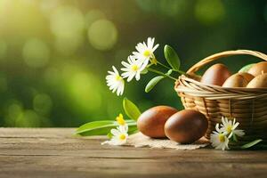 easter eggs in a basket on a wooden table. AI-Generated photo