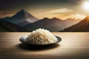 rice in a bowl on a table with mountains in the background. AI-Generated photo