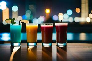 four different colored drinks are lined up on a table. AI-Generated photo