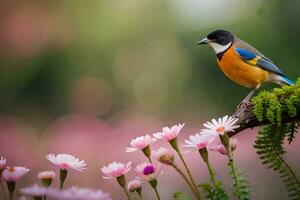 a bird is perched on a branch in front of pink flowers. AI-Generated photo