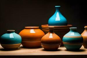 a group of colorful vases sitting on a table. AI-Generated photo