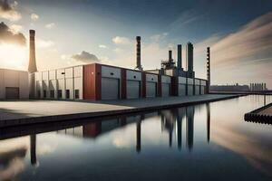 a factory with a large waterway in front of it. AI-Generated photo