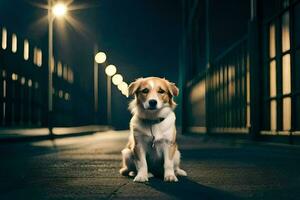 a dog sitting on the street at night. AI-Generated photo