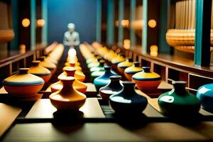 a row of colorful vases sit on a table. AI-Generated photo