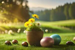 easter eggs in a vase. AI-Generated photo