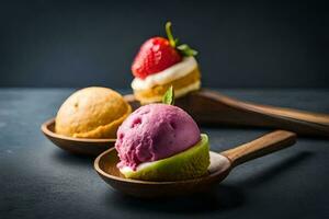 Tres cucharadas de hielo crema con fresas y fresas generado por ai foto