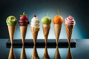 five ice cream cones with different flavors. AI-Generated photo