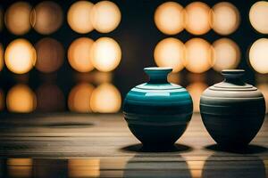 two vases sitting on a table with blurred lights. AI-Generated photo