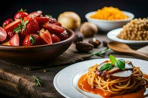 spaghetti with meat sauce and vegetables on a wooden table. AI-Generated photo