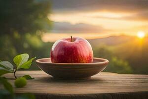 a red apple in a bowl on a wooden table. AI-Generated photo