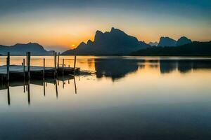 el Dom sube terminado un lago y montañas. generado por ai foto