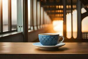 a cup of coffee on a wooden table in front of a window. AI-Generated photo