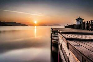 un de madera muelle con un faro a puesta de sol. generado por ai foto