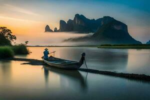 un hombre en un barco en el río a amanecer. generado por ai foto