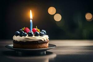 a birthday cake with a single candle. AI-Generated photo