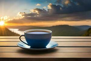 a cup of coffee on a wooden table in front of a beautiful sunset. AI-Generated photo