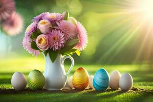 Pascua de Resurrección flores en un florero con huevos en el césped. generado por ai foto