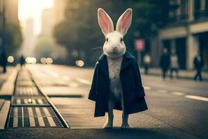 a rabbit wearing a coat and tie standing on a street. AI-Generated photo