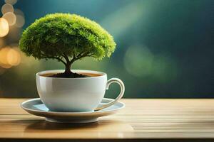 un pequeño árbol en un taza de café. generado por ai foto