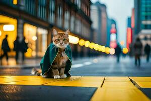 a cat in a green cloak sitting on the street. AI-Generated photo