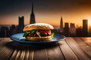 a hamburger on a plate with a cityscape in the background. AI-Generated photo
