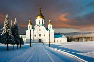 un blanco Iglesia con oro domos en el nieve. generado por ai foto
