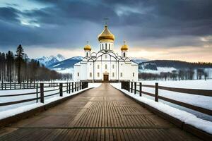 un Iglesia en el nieve con un puente líder a él. generado por ai foto