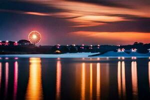 a ferris wheel is reflected in the water at night. AI-Generated photo